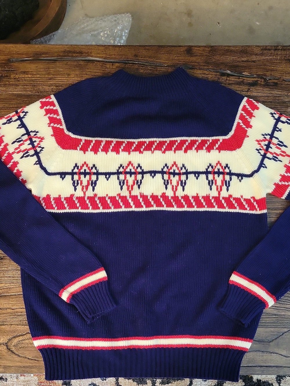 Vintage Navy Fair Isle Knit Sweater with Red & Cream Accents From Wards Large
